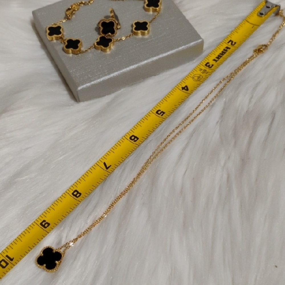 SALE!New 18kt Gold Plated Gold/Black 4 Leaf Clover Necklace Bracelet Earring Set - Picture 9 of 15